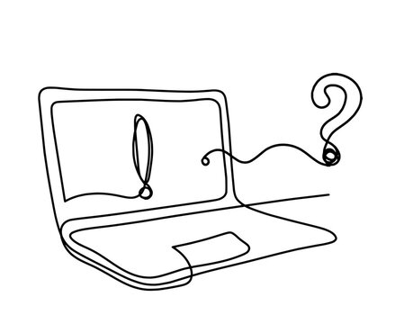 Abstract laptop and question mark as line drawing on white background. Vector