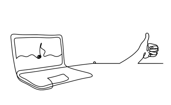 Abstract laptop and hand as line drawing on white background. Vector