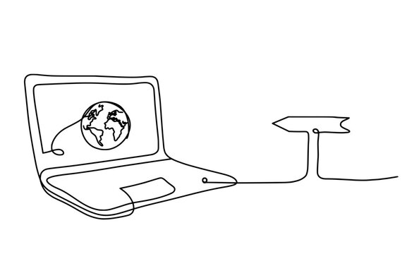 Abstract laptop and direction as line drawing on white background. Vector