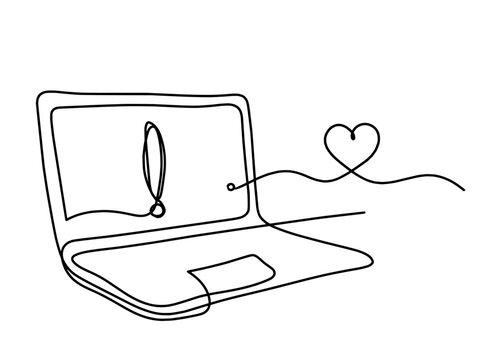 Abstract laptop and heart as line drawing on white background. Vector