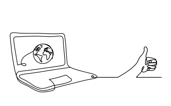 Abstract laptop and hand as line drawing on white background. Vector