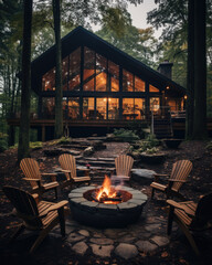 Night view of table and chairs in a garden, wooden mountain house