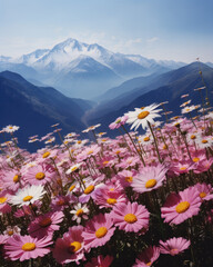 Landscape with pink flowers, mountain view