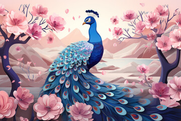 Wall Mural - A colorful peacock sits on a branch with beautiful bright flowers, illustration