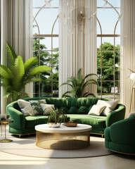 Wall Mural - Modern luxury home interior in green shades, comfortable sofa and armchairs, high ceilings and a large window