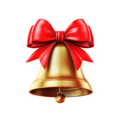 Beautiful shiny Christmas bell with red silk bow isolated on transparent background, png decorative clip art element. Festive object.