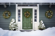Festive Christmas Natural Home Porch Decoration With Pine Wreaths And Garlands