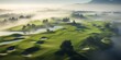 A Birds Eye View of a Golf Course Blanketed in Lush Green Fairways and Greens Shrouded in Gentle Morning Fog