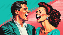 Colorful Portrait In Retro Pop Art Style Depicts Laughing Couple In Playful Comic Book Fashion, Symbolizing Joy Of Love And Timeless Appeal Of Classic Pop Culture, Vibrant Vintage Promotional Poster