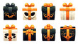 Halloween gift elements set design. Halloween gift boxes with a skull pattern and an elegant ribbon on a transparent background. Party gifts collection, fantastic
