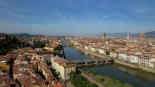 Italy, Great Landmarks And Towns - City Of Art And Culture- Florence, Panoramic View Of City Center And Old Bridge Ponte Vechio, Aerial Drone View