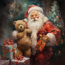 Funny Santa Claus With A Teddy Bear Oil Painting Beautiful Image Ai Generated Art