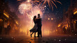 couple is standing hugging on the street at new years eve and is watching the fireworks, sylvester