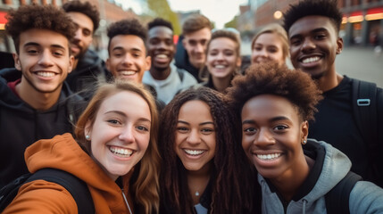 Poster - Multi ethnic student guys and girls taking selfie on city street.