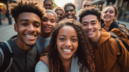 Poster - Multi ethnic student guys and girls taking selfie on city street.