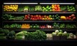 Pełen asortyment warzyw i owoców na półkach w sklepie spożywczym 