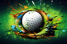 A Colorful Abstract Image Of The Sport Of Golf In The Style Of Graffiti. Illustration Of The Sports Competitions Of The Summer Olympic Games. A Golf Ball In Multicolored Splashes.
