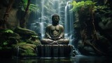 Fototapeta  - A tranquil waterfall cascading behind a meditating Buddha sculpture.