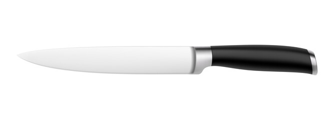 Chef's kitchen knife with black handle isolated on white background with clipping path. Knife with steel sharp blade. Top view. Kitchenware. Realistic 3D vector illustration. Mock up.