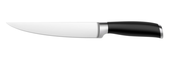 Chef's kitchen knife with black handle isolated on white background with clipping path. Steak knife curved. Top view. Kitchenware. Realistic 3D vector illustration. Mock up.