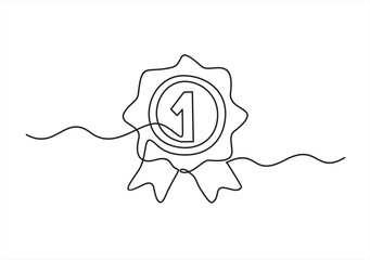 1st Rosette Stamp award badge in one continuous line drawing. Premium quality product and high warranty concept or logo and divider in simple linear style. Doodle vector illustration