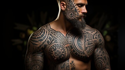 Wall Mural - 
Polynesian style tattoo on a man's muscular and athletic body. Patterns and designs on the body, skin painting.