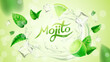 © Maliwan - Realistic vector fresh mojito party illustration for package design, banner, label, poster and flyer. Flying mint leaves, ice cubes and lime in water. Cool summer cocktail