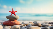 Zen Stones And Red Starfish On The Beach With Blue Sky Background, Holidays, Summer, Vacations, Blurry Background, Generative AI