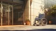 An empty wheelchair next to an inaccessible building entrance, highlighting disability rights.