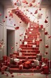 Boxes and presents fall down the stairs. Creative Christmas and happy New Year surreal background.
