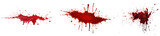 collection of red blood splatters, flowing bloody stains, splashes and drops. Trail and drips red blood close up.