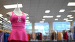 Modepuppe mit Sportoutfit in pink im Kaufhaus im Querformat für Banner, ai generativ