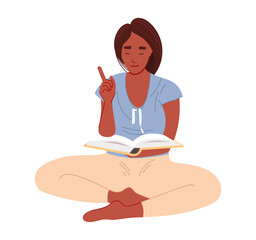 Wall Mural - African-American woman sitting and reading a book. Vector education hobby concept.
