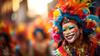 woman celebrating Bolivian carnival, colorful and feather mask, Latin American culture and tradition, street carnival, typical clothing, native festivals