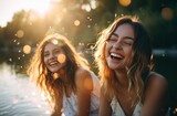 Fototapeta  - two women friend happy laughing with joy together at lake or river , Generative Ai