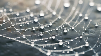 Close-up of spider web texture with dew drops. Nature wildlife wallpaper, macro shot. 