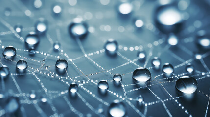Close-up of spider web texture with dew drops. Nature wildlife wallpaper, macro shot. 