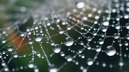 Close-up of spider web texture with dew drops. Nature wildlife wallpaper, macro shot. 
