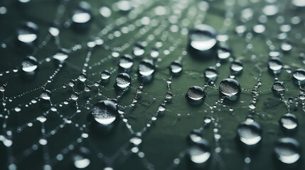 Close-up of spider web texture with dew drops. Nature wildlife wallpaper, macro shot. 