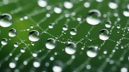 Close-up of spider web texture with dew drops. Nature wildlife wallpaper, macro shot. 