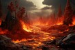 A forest fire with trees, rocks, and blazing flames rendered in 3D environmental art. Generative AI