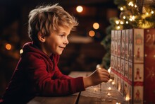 Cute Smiling Little Girl Opens An Advent Calendar. Time For Christmas Gifts And Miracles. Family Traditions For Christmas. Girl Enjoys Christmas Gifts