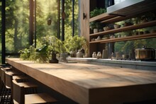 Close Up Of Butcher Block Countertop Island With Plants By Sink, Long Open Shelves With Bowls, Forest Views At Golden Hour