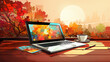Laptop als grafische Zeichnung im Business Stil als Querformat für Banner, ai generativ
