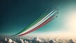 A team of acrobatic planes draws trails of the Italian tricolour in the blue sky, creating a breathtaking spectacle above a sea of clouds.