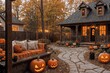 exterior of the house is decorated with harvest of pumpkins and leaves for halloween holiday, autumn nature as background