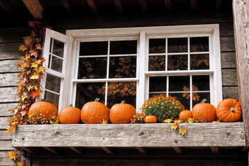 exterior of the old wooden house is decorated with harvest of pumpkins and leaves for halloween holiday, old window and wall, autumn nature as background