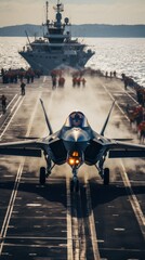 Wall Mural - Fighter jet taking off from the deck of an aircraft carrier