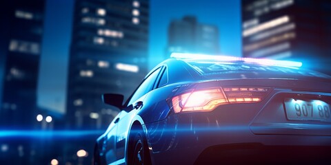 Fototapete - A Close-Up of Police Car Lights, Illuminating the Urban Landscape, Signifying the Vigilance and Dedication of Law Enforcement in the Heart of the City
