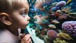 A young child, face close to the glass, intently observing the colorful marine life in an aquarium